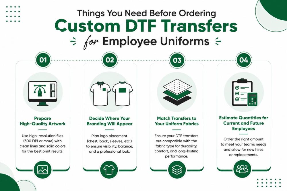 Employee uniforms do more than identify staff—they communicate professionalism, reinforce company culture, and strengthen brand recognition in every customer interaction. Choosing the right decoration method is essential to ensure uniforms remain durable, comfortable, and visually consistent across different garment types. This is why custom DTF transfers for employee uniforms have become an increasingly popular solution for businesses seeking high-quality branding without the limitations of traditional printing methods. Whether you're creating branded employee apparel for retail teams, hospitality staff, healthcare professionals, or corporate offices, DTF printing for uniforms delivers vibrant, long-lasting results on a variety of fabrics. Things You Need Before Ordering Custom DTF Transfers for Employee Uniforms